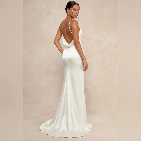 Lulus Lovely Endearment White Satin Sleeveless Backless Maxi Dress Wedding - Picture 4 of 11